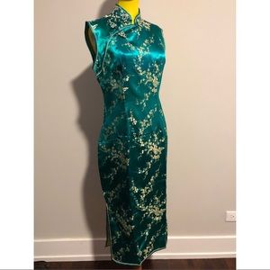 Emerald Green Satin Floral Dress
